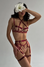 Luxury Burgundy Lace Lingerie Set with Strappy Details | Floral Bra & Garter Set
