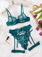 Luxury Teal Lace Lingerie Set with Garter Straps | Floral Sheer Bra & Panty Set
