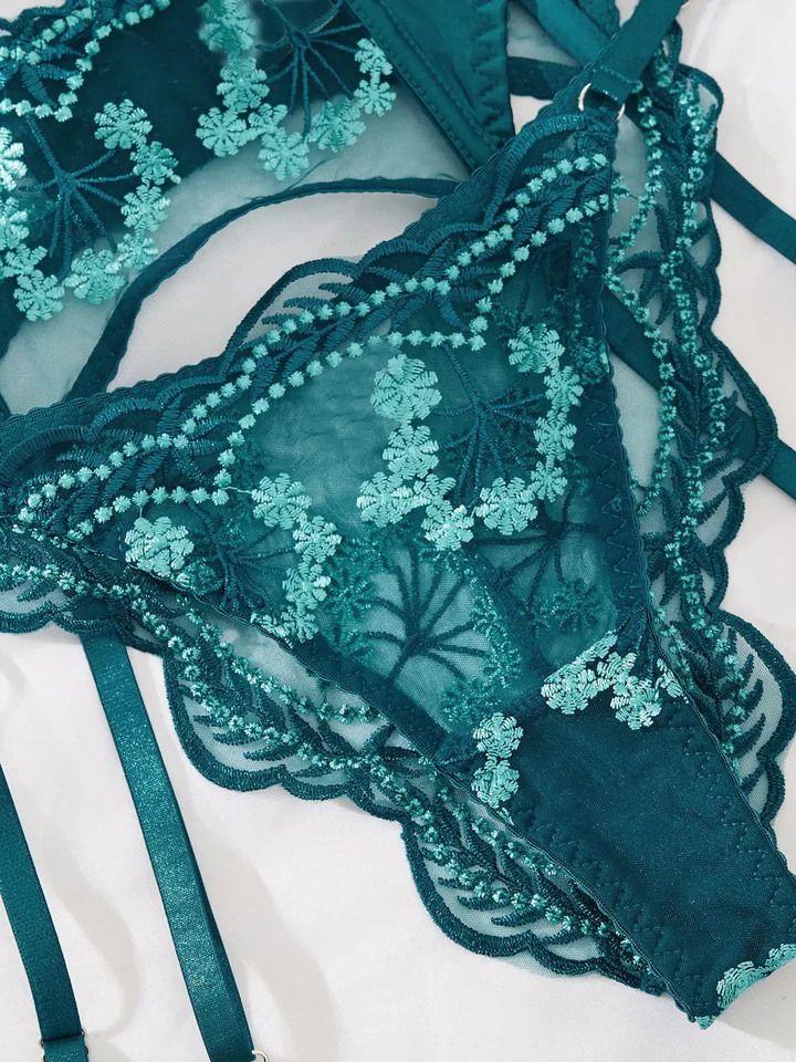Luxury Teal Lace Lingerie Set with Garter Straps | Floral Sheer Bra & Panty Set