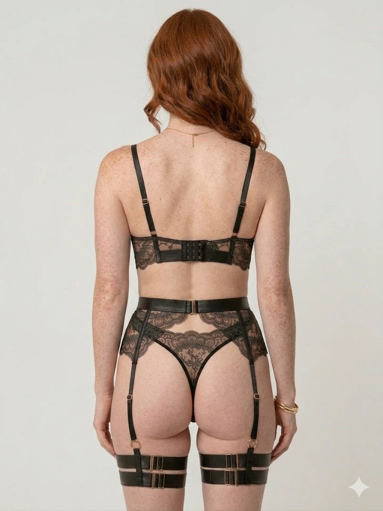 Luxury Black Lace Lingerie Set with Garter Straps | Sheer Floral Lace Bra & Panty Set