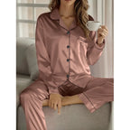 Blush Pink Satin Pajama Set - Tailored Long Sleeve Top and Pants Two-Piece Nightwear