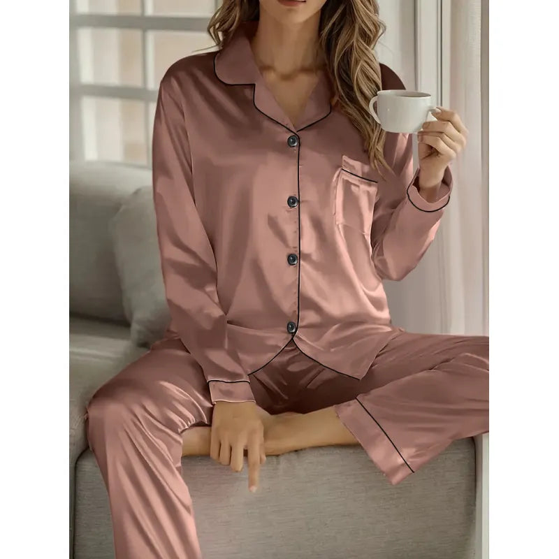 Blush Pink Satin Pajama Set - Tailored Long Sleeve Top and Pants Two-Piece Nightwear