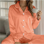 Blush Pink Satin Pajama Set - Tailored Long Sleeve Top and Pants Two-Piece Nightwear
