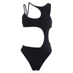 Black Asymmetric Cutout Swimsuit - High Leg Strappy One-Piece Swimwear