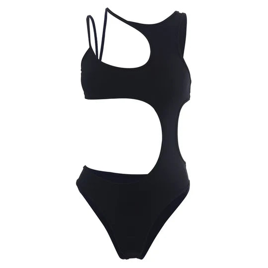 Black Asymmetric Cutout Swimsuit - High Leg Strappy One-Piece Swimwear