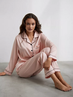 Blush Pink Satin Pajama Set - Tailored Long Sleeve Top and Pants Two-Piece Nightwear