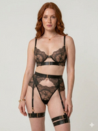 Luxury Black Lace Lingerie Set with Garter Straps | Sheer Floral Lace Bra & Panty Set