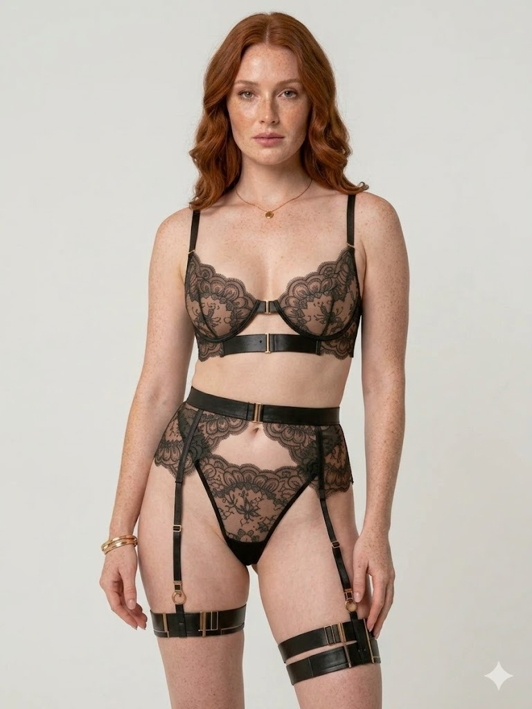 Luxury Black Lace Lingerie Set with Garter Straps | Sheer Floral Lace Bra & Panty Set
