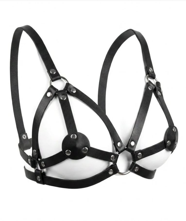 Gothic Leather Bra Harness - Black Multi-Strap Open Bust Cage Belt