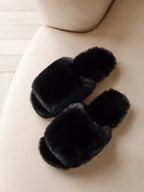 Fluffy Faux Fur Slide Slippers - Women's Open Toe Soft Indoor Loungewear Shoes