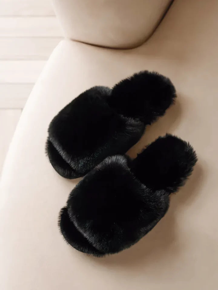 Fluffy Faux Fur Slide Slippers - Women's Open Toe Soft Indoor Loungewear Shoes