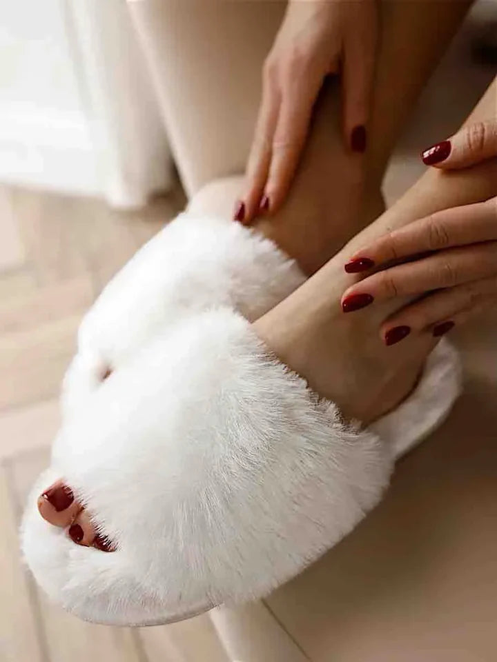 Fluffy Faux Fur Slide Slippers - Women's Open Toe Soft Indoor Loungewear Shoes