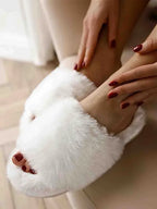 Fluffy Faux Fur Slide Slippers - Women's Open Toe Soft Indoor Loungewear Shoes