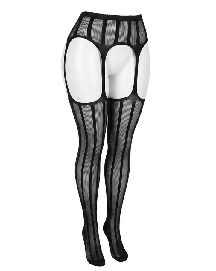 Gothic Vertical Stripe Suspender Tights - Black Mock Garter Pantyhose
