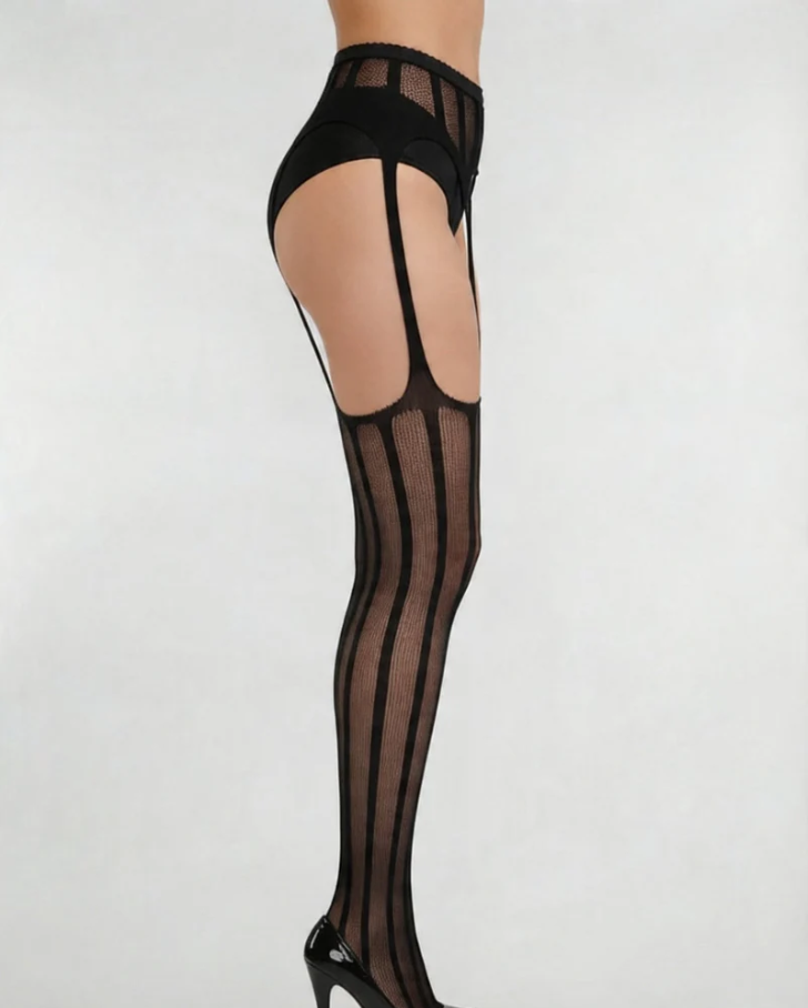 Gothic Vertical Stripe Suspender Tights - Black Mock Garter Pantyhose