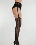 Gothic Vertical Stripe Suspender Tights - Black Mock Garter Pantyhose