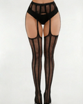 Gothic Vertical Stripe Suspender Tights - Black Mock Garter Pantyhose