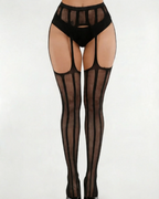 Gothic Vertical Stripe Suspender Tights - Black Mock Garter Pantyhose