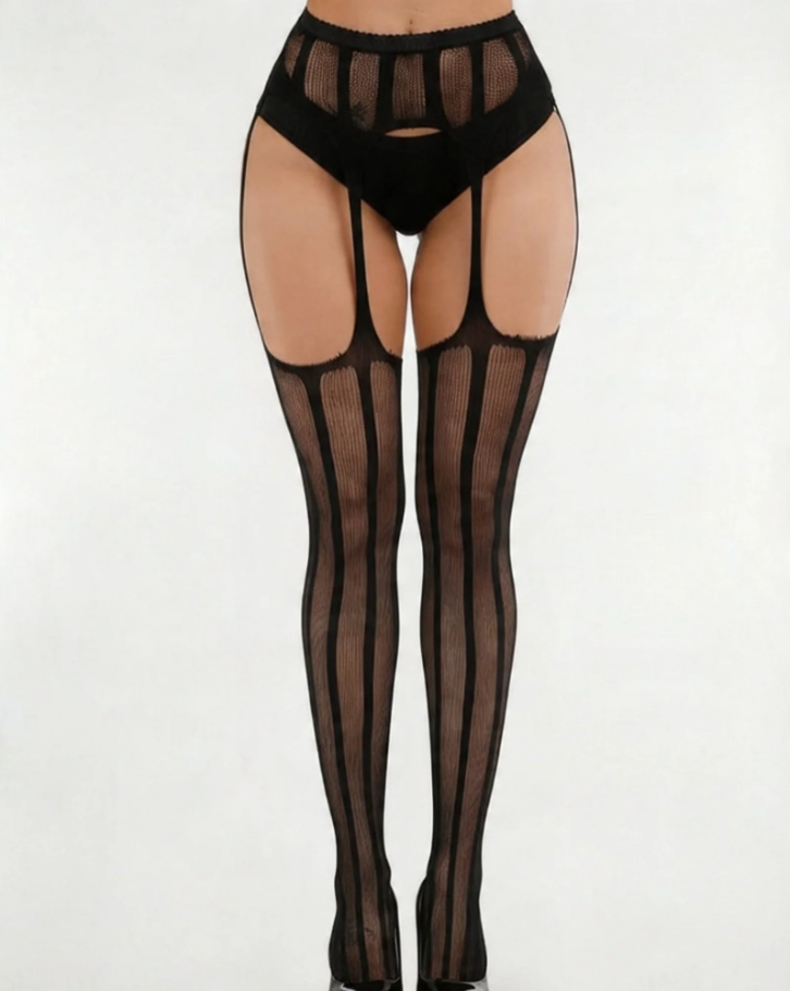 Gothic Vertical Stripe Suspender Tights - Black Mock Garter Pantyhose