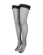 Ruffle Top Fishnet Thigh High Stockings - Black Frill Trim Stay Up Hosiery