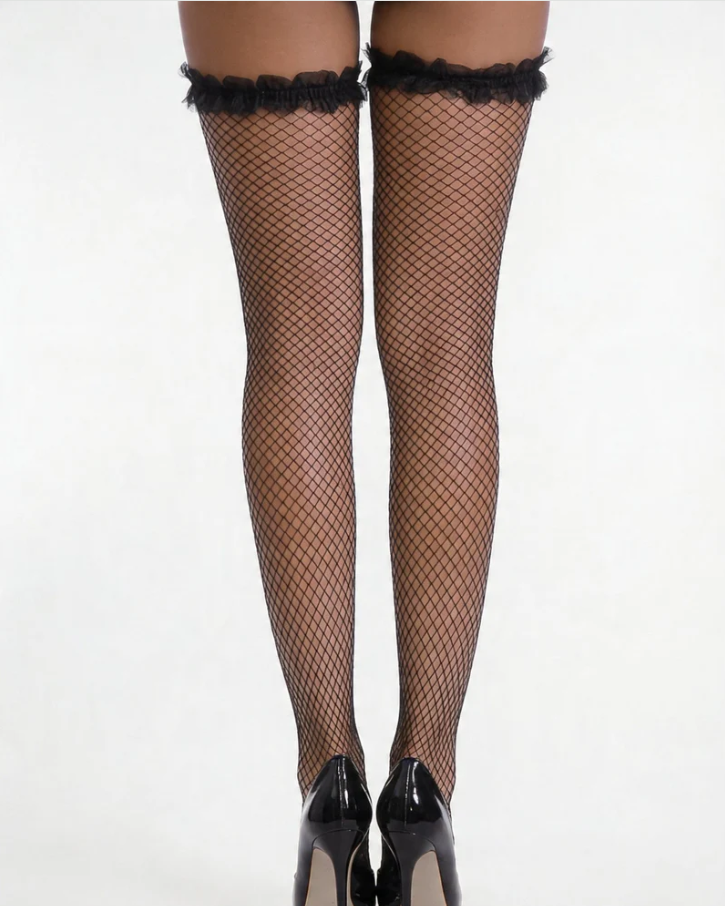 Ruffle Top Fishnet Thigh High Stockings - Black Frill Trim Stay Up Hosiery