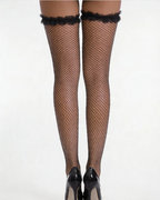 Ruffle Top Fishnet Thigh High Stockings - Black Frill Trim Stay Up Hosiery