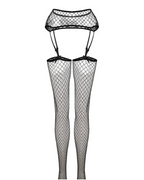 Black Fishnet Suspender Tights - High Waisted Mock Garter Pantyhose