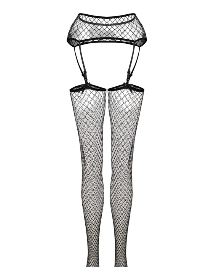 Black Fishnet Suspender Tights - High Waisted Mock Garter Pantyhose