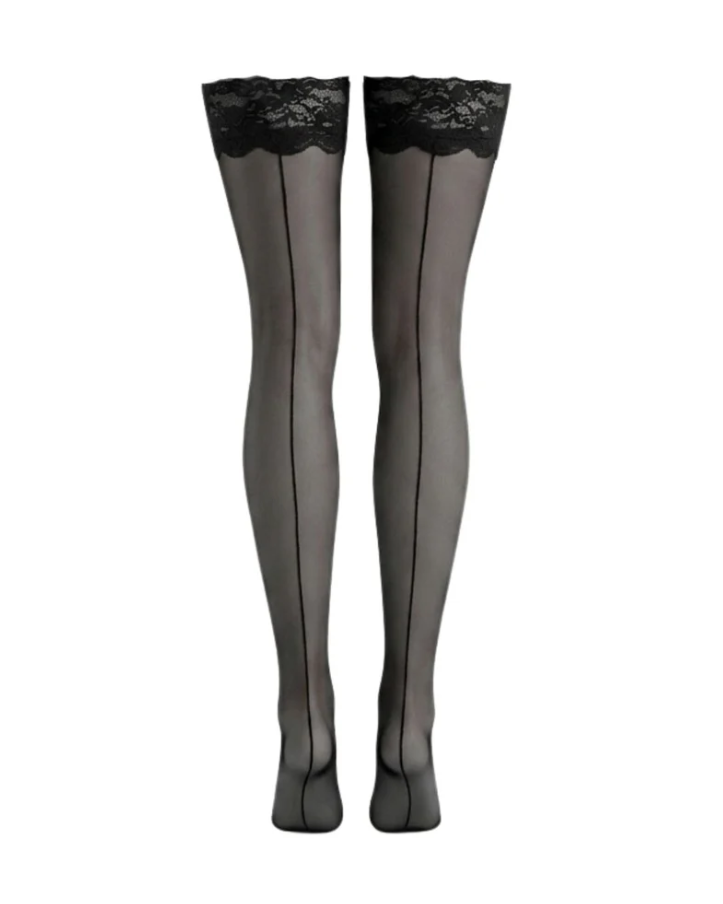 Vintage Back Seam Thigh High Stockings - Black Lace Trim Stay Up Hosiery