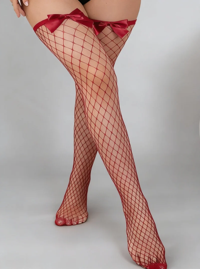 Bow Accent Fishnet Thigh High Stockings - Classic Diamond Mesh Hold Ups