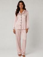 Blush Pink Satin Pajama Set - Tailored Long Sleeve Top and Pants Two-Piece Nightwear