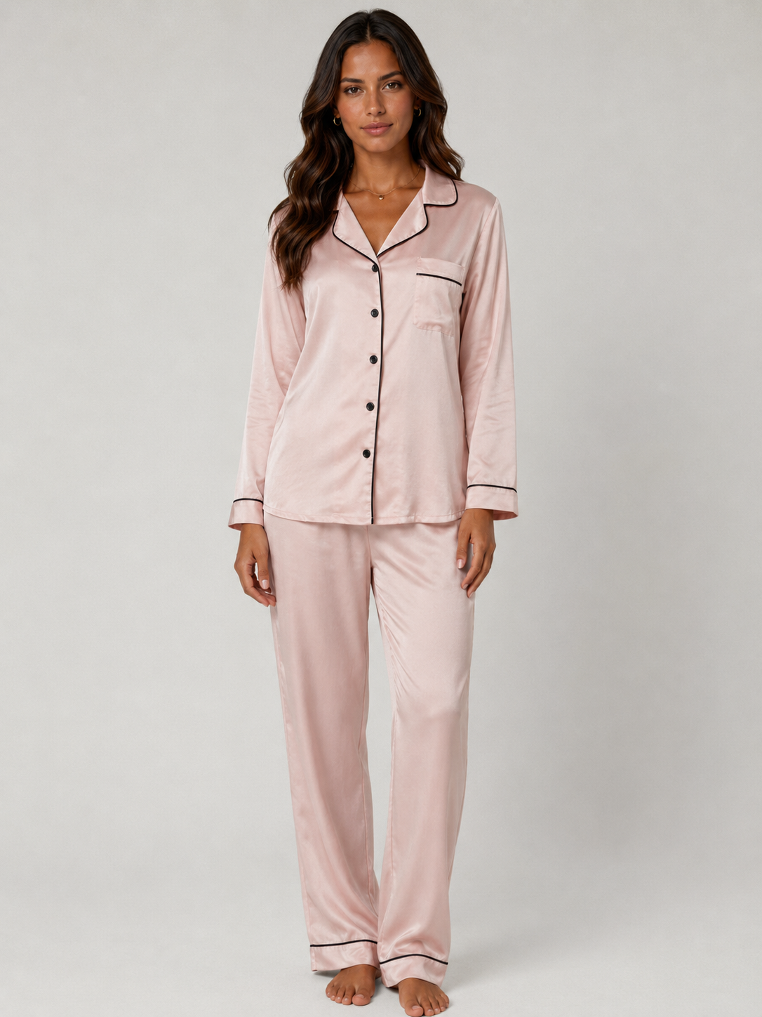 Blush Pink Satin Pajama Set - Tailored Long Sleeve Top and Pants Two-Piece Nightwear