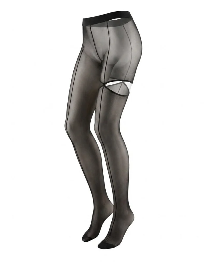 Sheer Black Mock Garter Tights - Vintage Back Seam Suspender Pantyhose