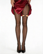Sheer Black Mock Garter Tights - Vintage Back Seam Suspender Pantyhose