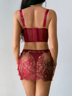 Luxury Red Lace Lingerie Set with Garter Details | Sheer Floral Bra & Skirt