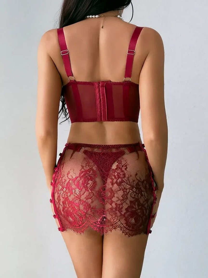 Luxury Red Lace Lingerie Set with Garter Details | Sheer Floral Bra & Skirt