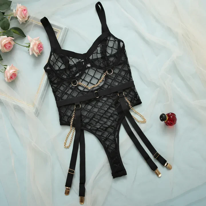 Black Fishnet Bodysuit with Gold Chain Details and Garter Straps