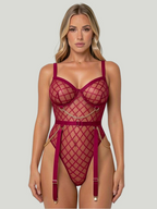 Black Fishnet Bodysuit with Gold Chain Details and Garter Straps