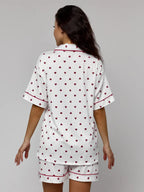 White Heart Print Pajama Short Set - Textured Plissé Button Up Sleepwear