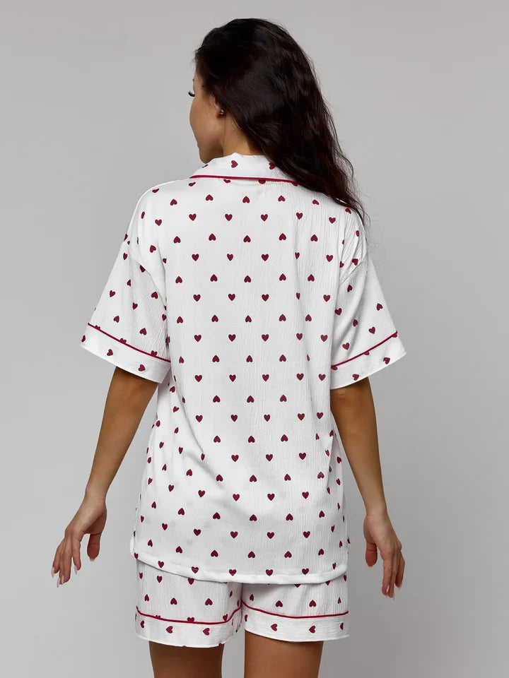 White Heart Print Pajama Short Set - Textured Plissé Button Up Sleepwear