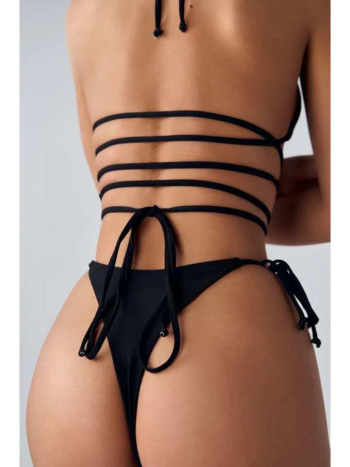 Black Halter Wrap Bikini Set - High Leg Tie Side Cheeky Swimwear