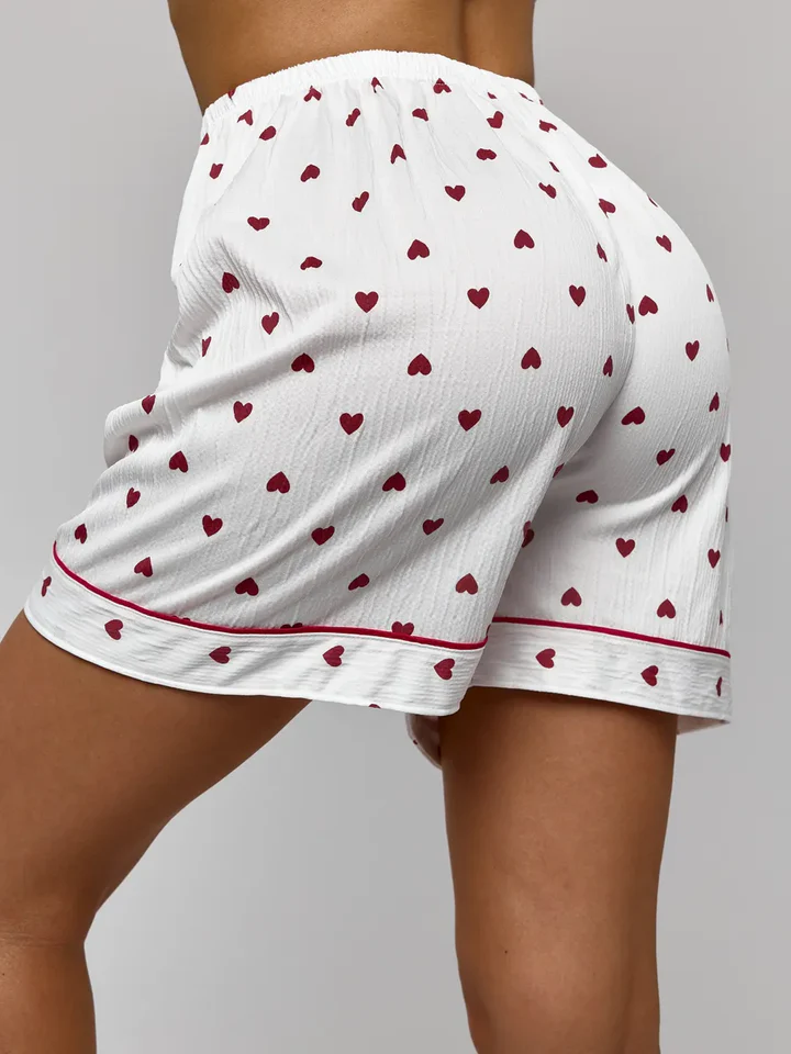 White Heart Print Pajama Short Set - Textured Plissé Button Up Sleepwear