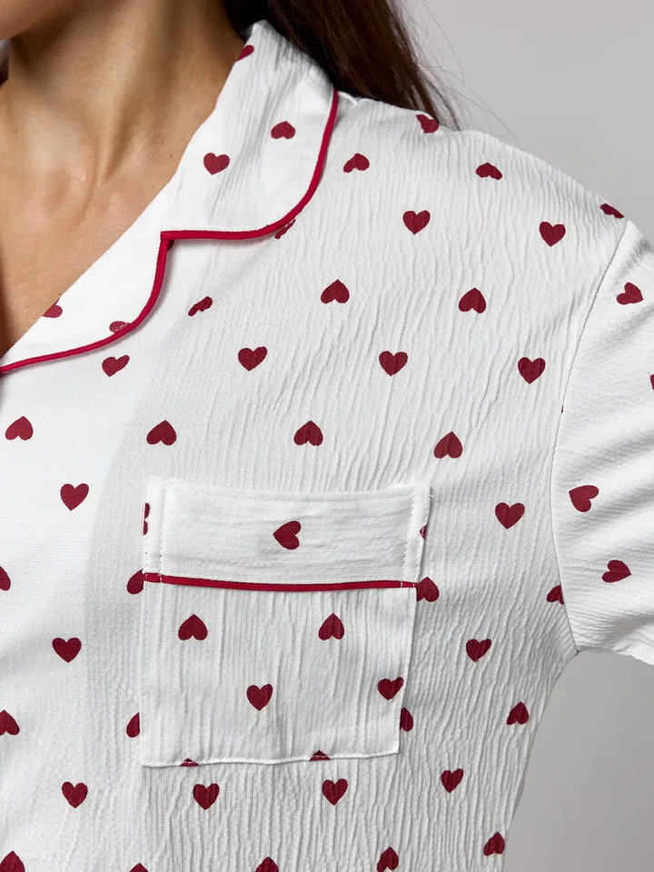 White Heart Print Pajama Short Set - Textured Plissé Button Up Sleepwear