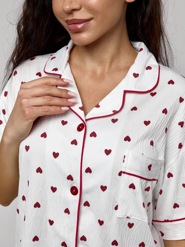White Heart Print Pajama Short Set - Textured Plissé Button Up Sleepwear