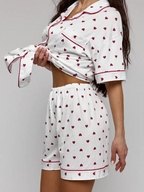 White Heart Print Pajama Short Set - Textured Plissé Button Up Sleepwear