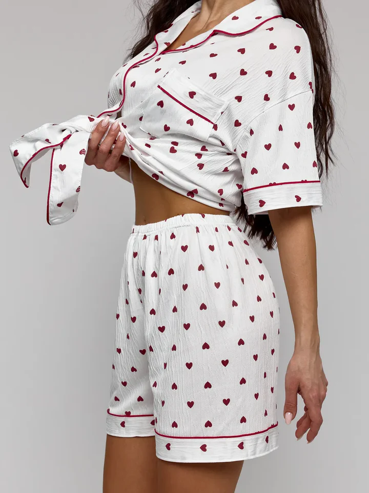 White Heart Print Pajama Short Set - Textured Plissé Button Up Sleepwear