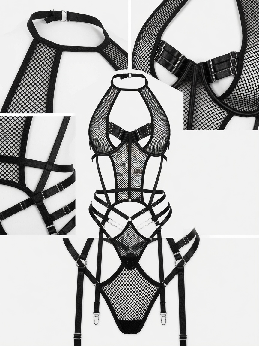 Luxury Black Mesh Bodysuit Lingerie with Garter Straps | Sheer Fishnet Intimate Wear