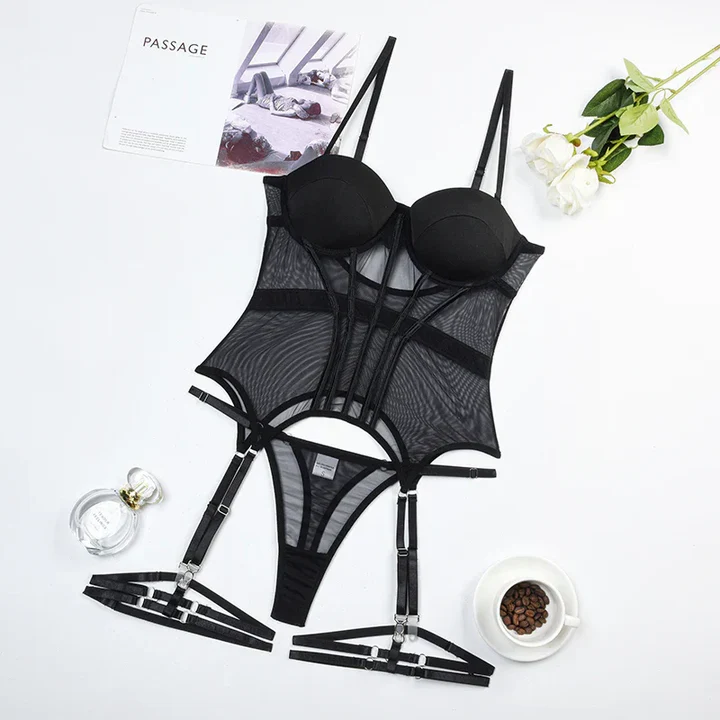 Corset Garter Bodysuit Strappy Sheer Mesh Zip Front Teddy Black