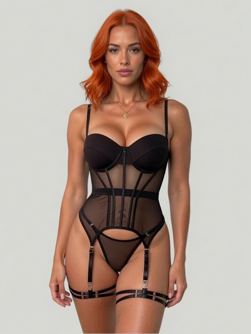 Corset Garter Bodysuit Strappy Sheer Mesh Zip Front Teddy Black