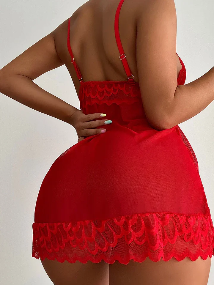 Red Sheer Mesh Lingerie Chemise - Scalloped Lace Trim Low-Back Sleepwear